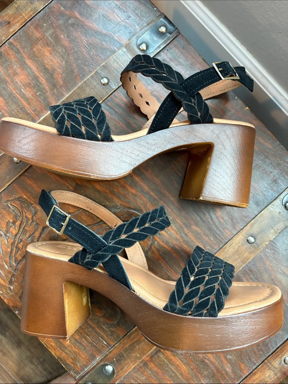 Wedge Sandals with Braided Straps in Black